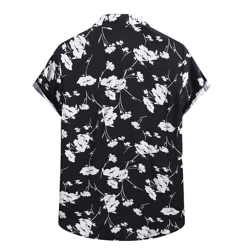 Men's Fashion Cotton Linen Print Short Sleeve Button Shirt Blouse Top