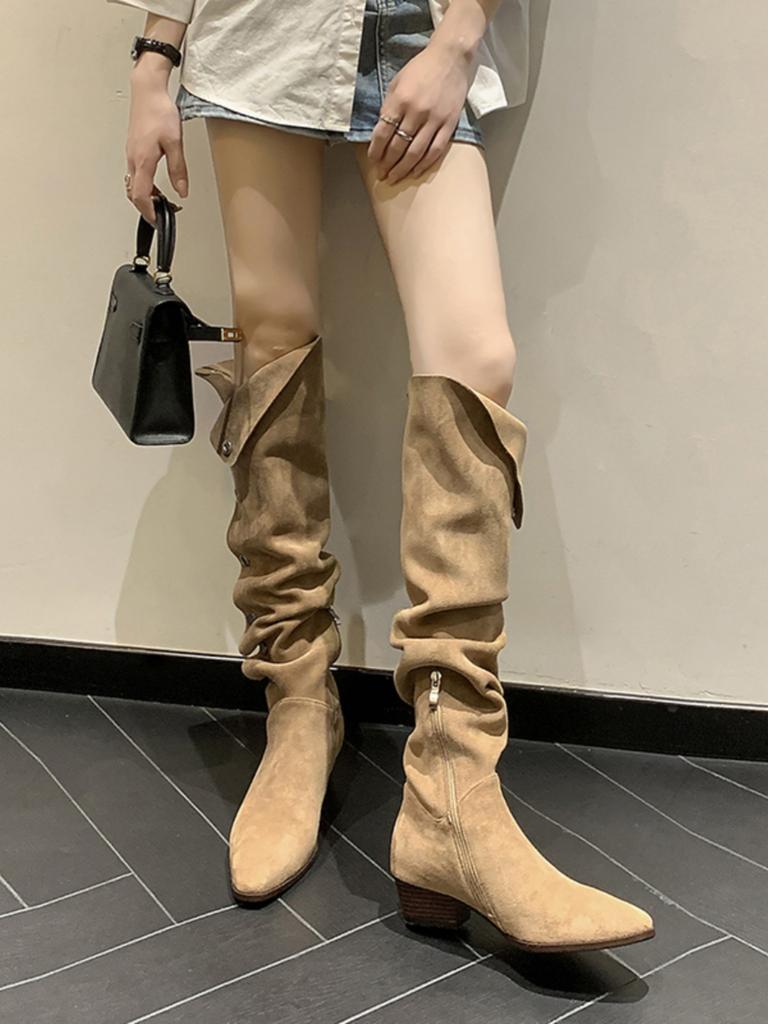 Spot second hair~ Pile boots 2025 new autumn and winter thick heel medium tube western fold knee boots