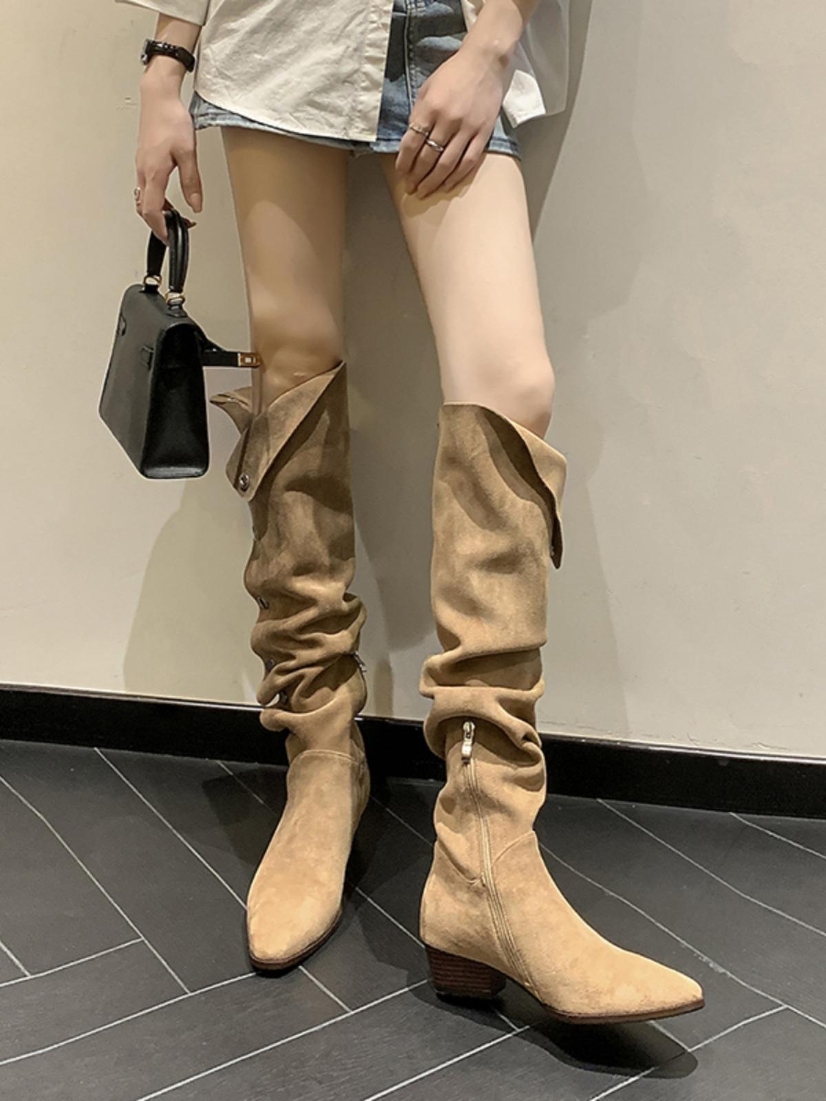 

Один ботинок, два ботинка, ретро-ковбойские сапоги в стиле вестерн, сапоги с заостренными рукавами, женские сапоги на толстом каблуке, модные сапоги на среднем каблуке, складывающиеся сапоги 40