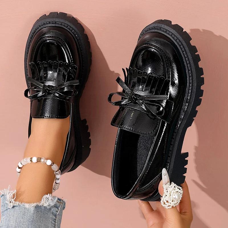 British Style Patent Leather Loafers For Women  Spring Slip On Platform Shoes Woman Bowknot Thick Bottom Student Shoes 42