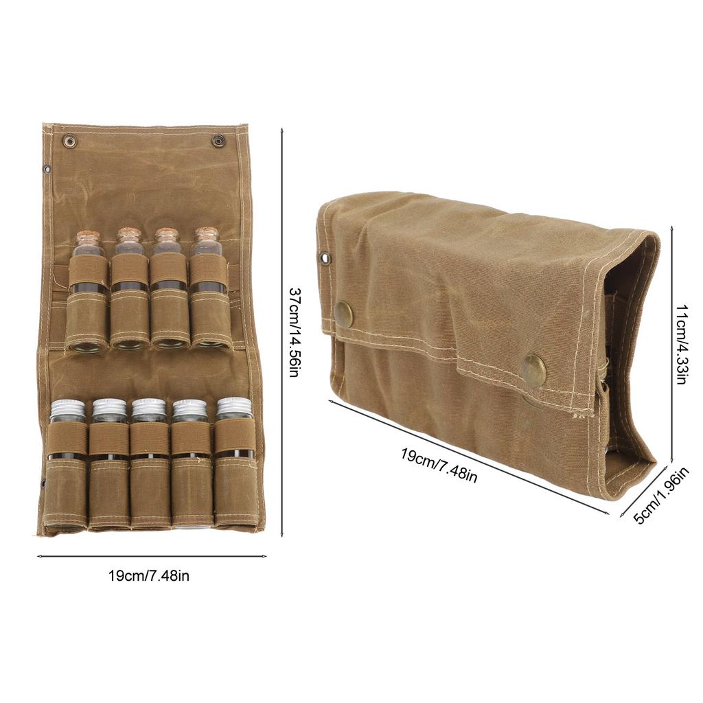 Tragbare Gewürztasche Mehrzweck-Leinwand-Gewürzlagerbeutel mit 9 Gewürzgläsern für Outdoor-Camping-Reisen Khaki