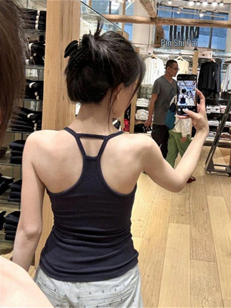 Women's Summer Hot Girl Pure Style I-Back Tank Top with Chest Pad, Solid Color, Versatile Sports Design