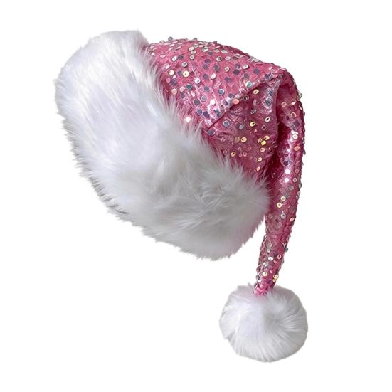 Christmas Decoration for Holiday Events Sparkly Santa Hat Women Men, Glitter Sequin with White Fluffy Trim Gift Friends Family And Pom Pom,