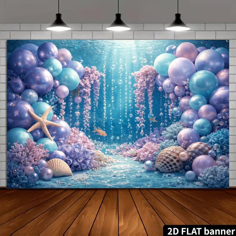 2D Blau Lila Meeresbanner, Unterwasserballon Meerjungfrauenparty Fotokabine Hintergrund