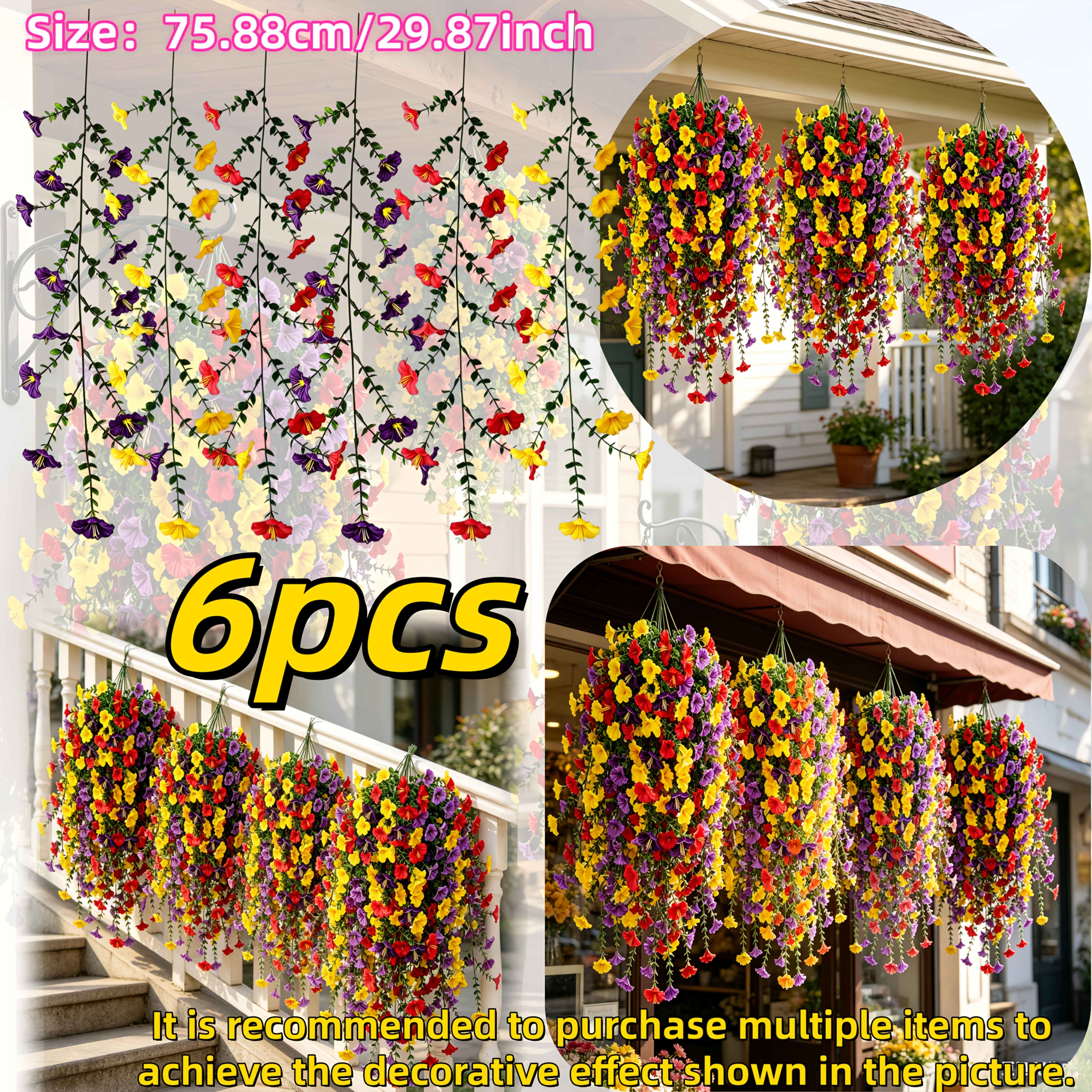 

6Pcs set effect Simulated Multicolor Mixed High-End Morning Glory Hanging Flowers High-Fidelity Outdoor Artificial Flowers Purple Yellow Red 6Pcs