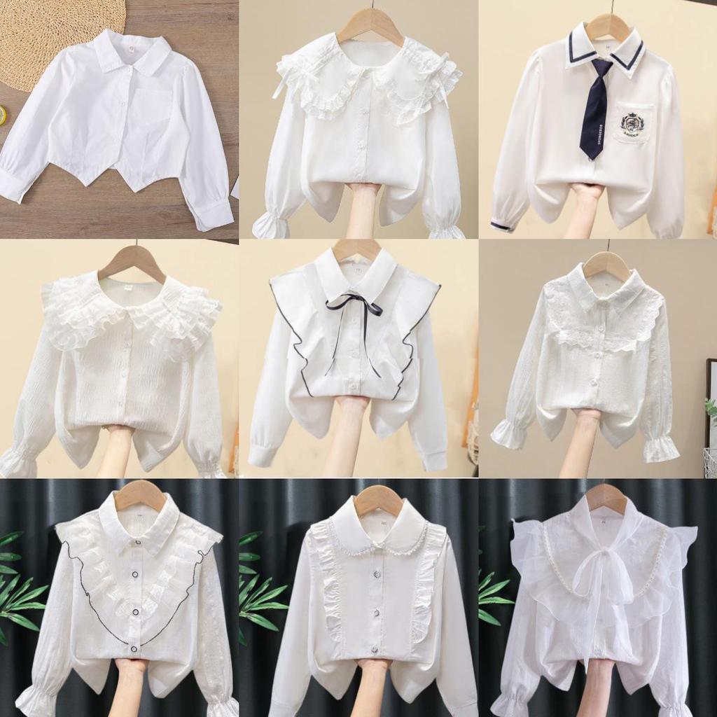 Girls' White Long Sleeve Lace Shirt - Spring/Autumn Class Uniform, Performance Costume.