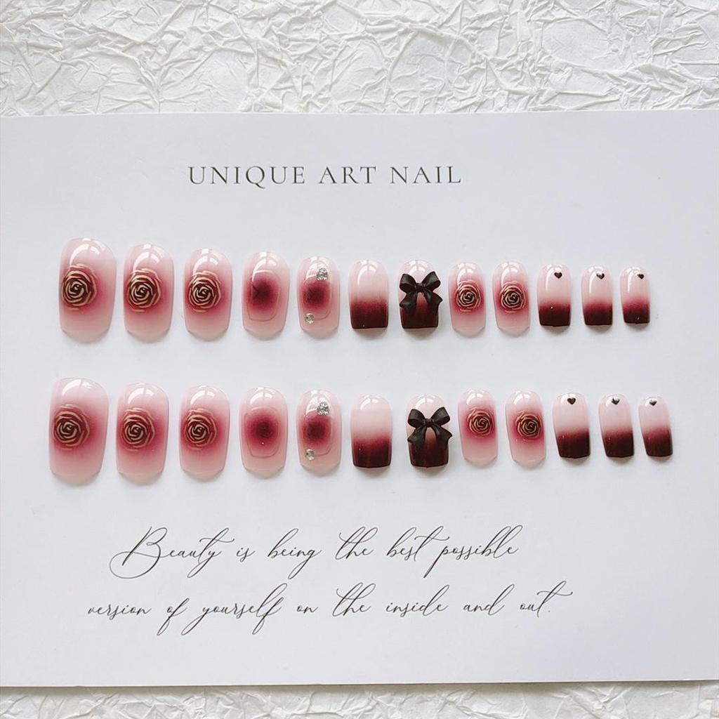 B484 Metal Rose Medium-Long Blush Bowknot Wearable Nail Art Stickers