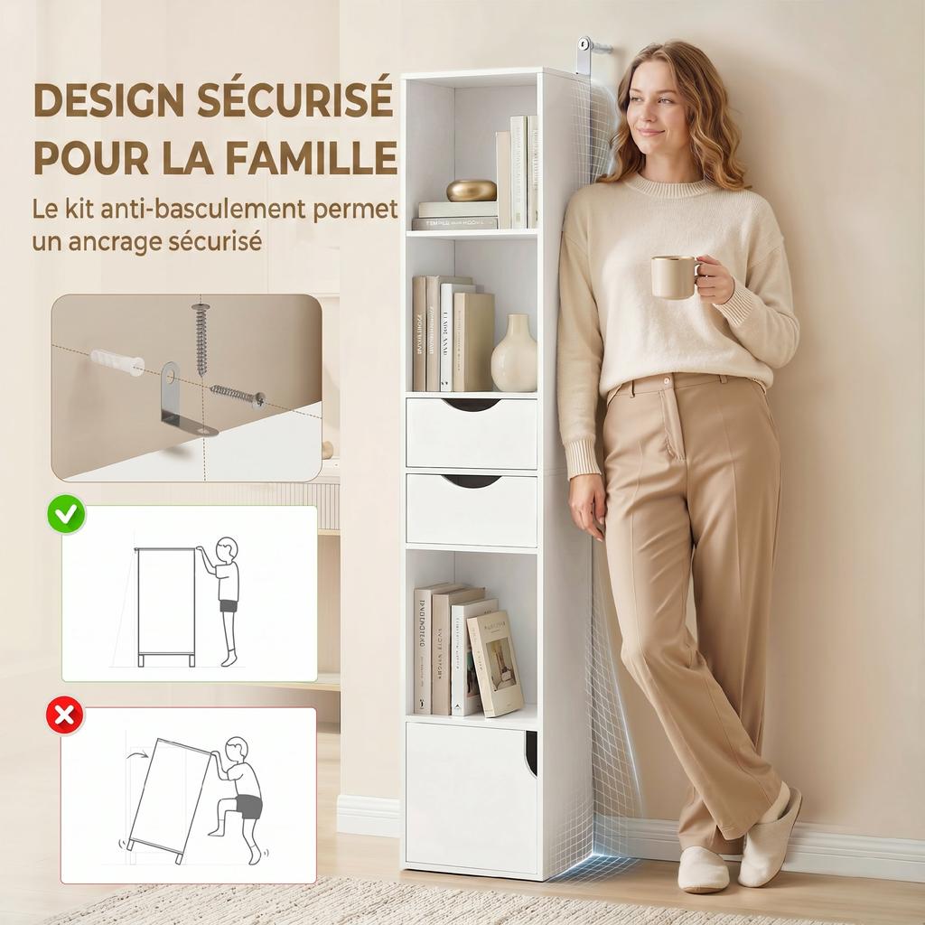 Bookshelf with Storage Unit and Door, 2 Drawers, Open Compartments, Shelf, 30 x 24 x 158 cm, White