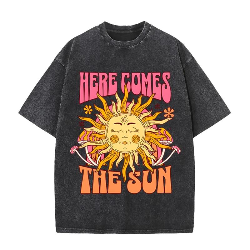 Vintage Black Here Comes The Sun T Shirt Retro Psychedelic Sun Acid Wash Tee S разноцветный
