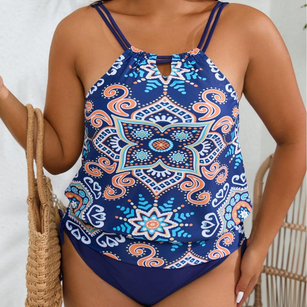 Plus Size Retro Print Bikini Halter Slimming Cover-up Two-Piece Swimsuit - European & American Style