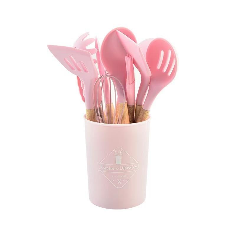 12-Piece Eco-Friendly Kitchen Utensil Set Wooden Handles Silicone Cooking Shovel Spoon Food Safe Microwave Kitchen Gadget Tools