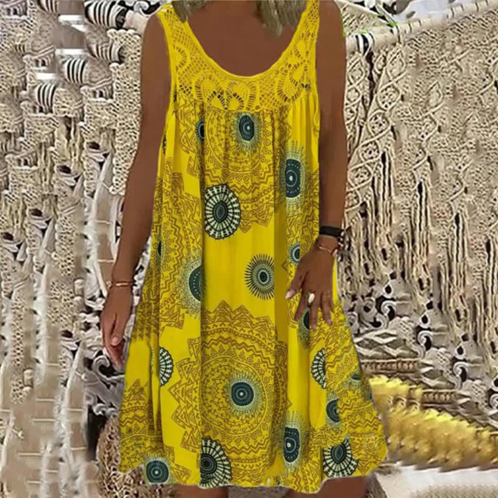 Women's Sleeveless Lace Pleated Patchwork Print Elegant Large Swing Dress