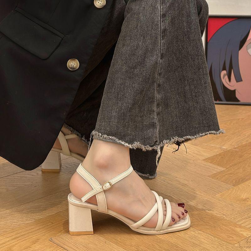thick heel square head white fairy sandals female medium heel French temperament one word with high heels new in spring and summer 2025