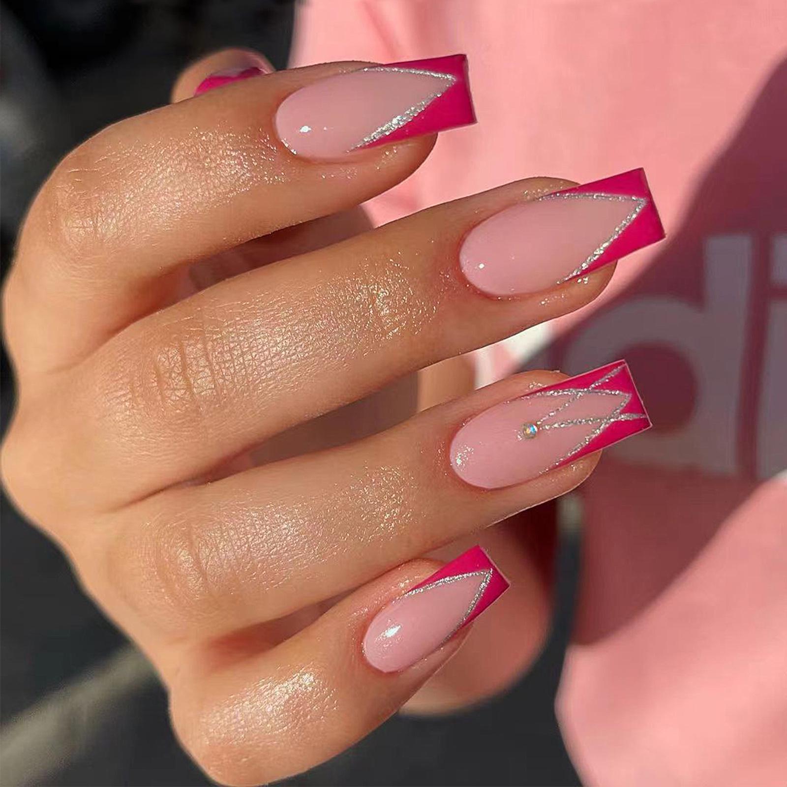 

European Square Rhinestone French Manicure, 24 Removable Wearable Nails