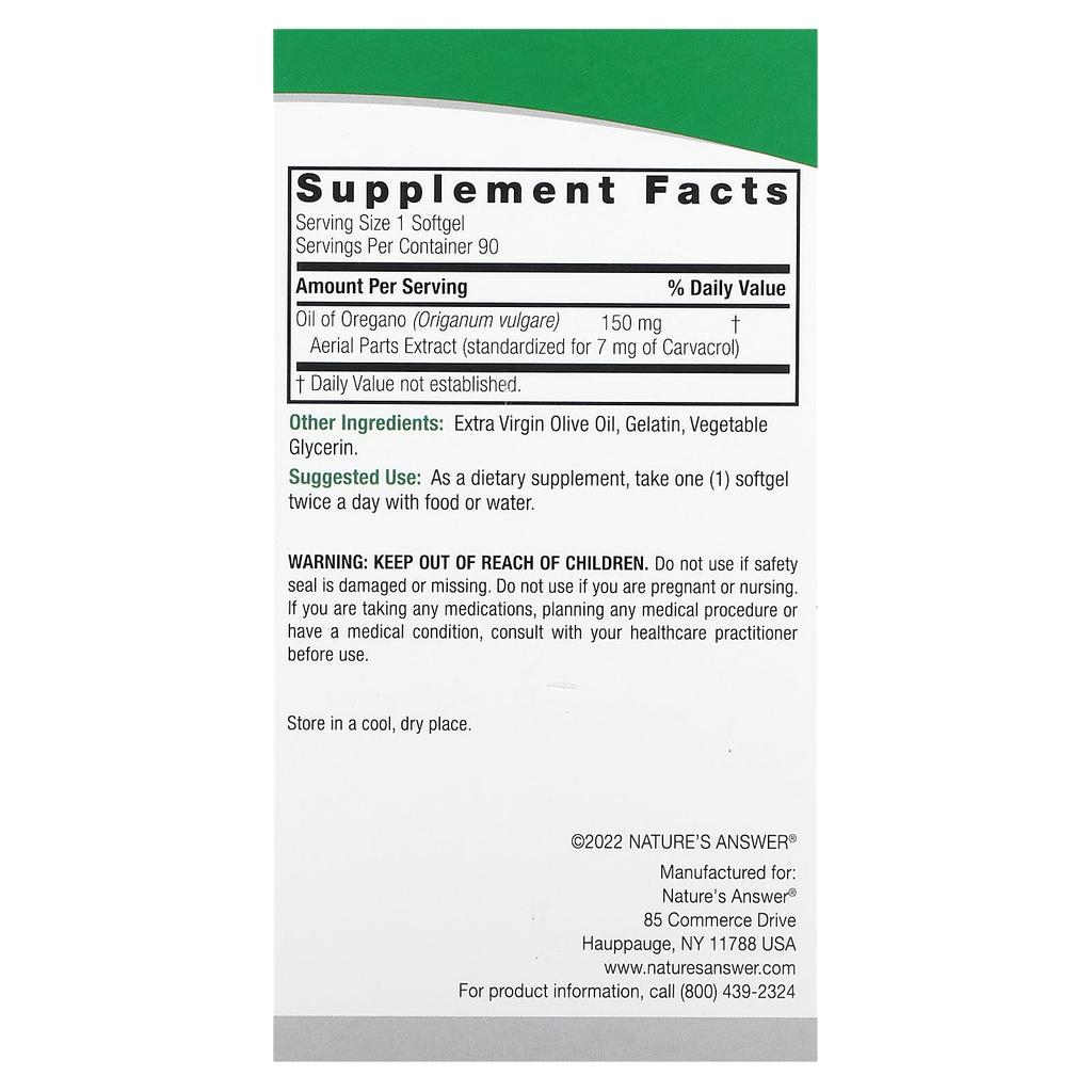Nature's Answer Oil of Oregano, 150Mg, 90 Softgels