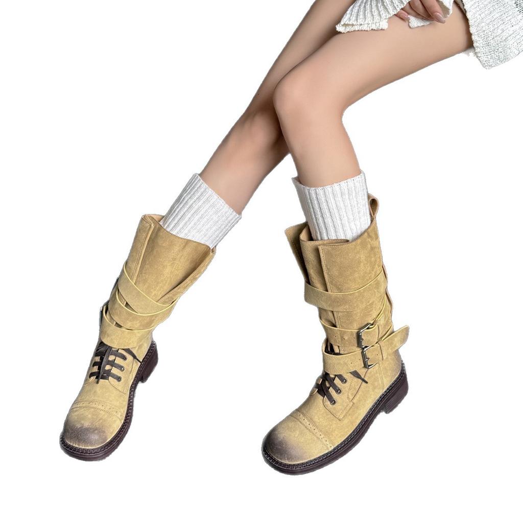 Lan Cabinet 2025 autumn and winter new retro western cowboy boots women's versatile casual mid-tube boots niche locomotive boots
