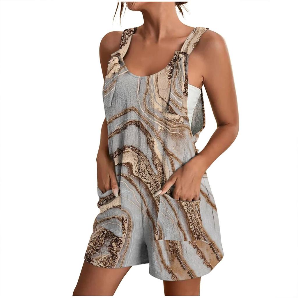 Women's Spring Summer Print Casual Sleeveless Pocket Loose Adjustable Sling Jumpsuit