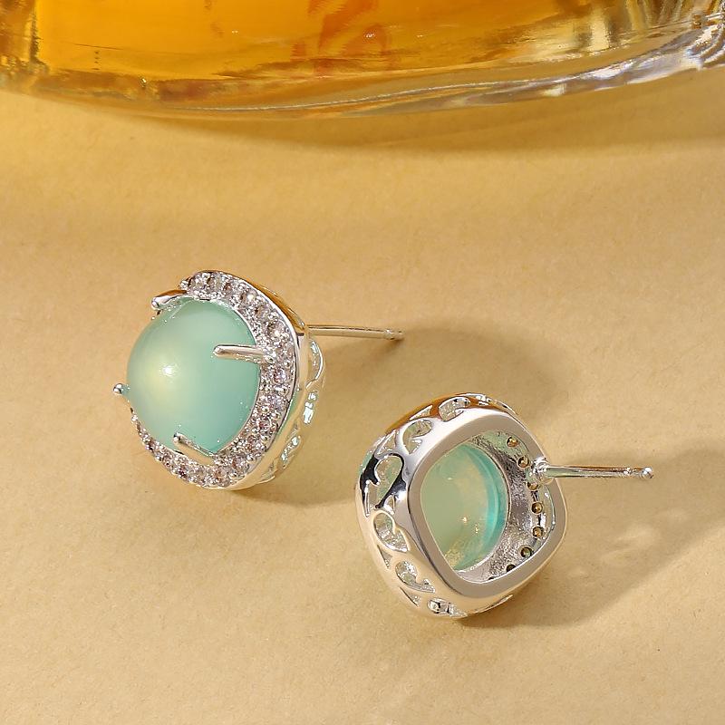 Mint Green Chalcedony Square Stud Earrings with Diamond Border, Cat's Eye, Translucent Jade - Elegant Commuting Jewelry