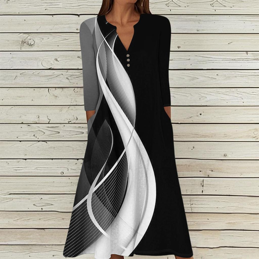 Women's Summer Casual V-Neck Button Vintage Floral Print Three-quarter Sleeve Long Dress With Pockets