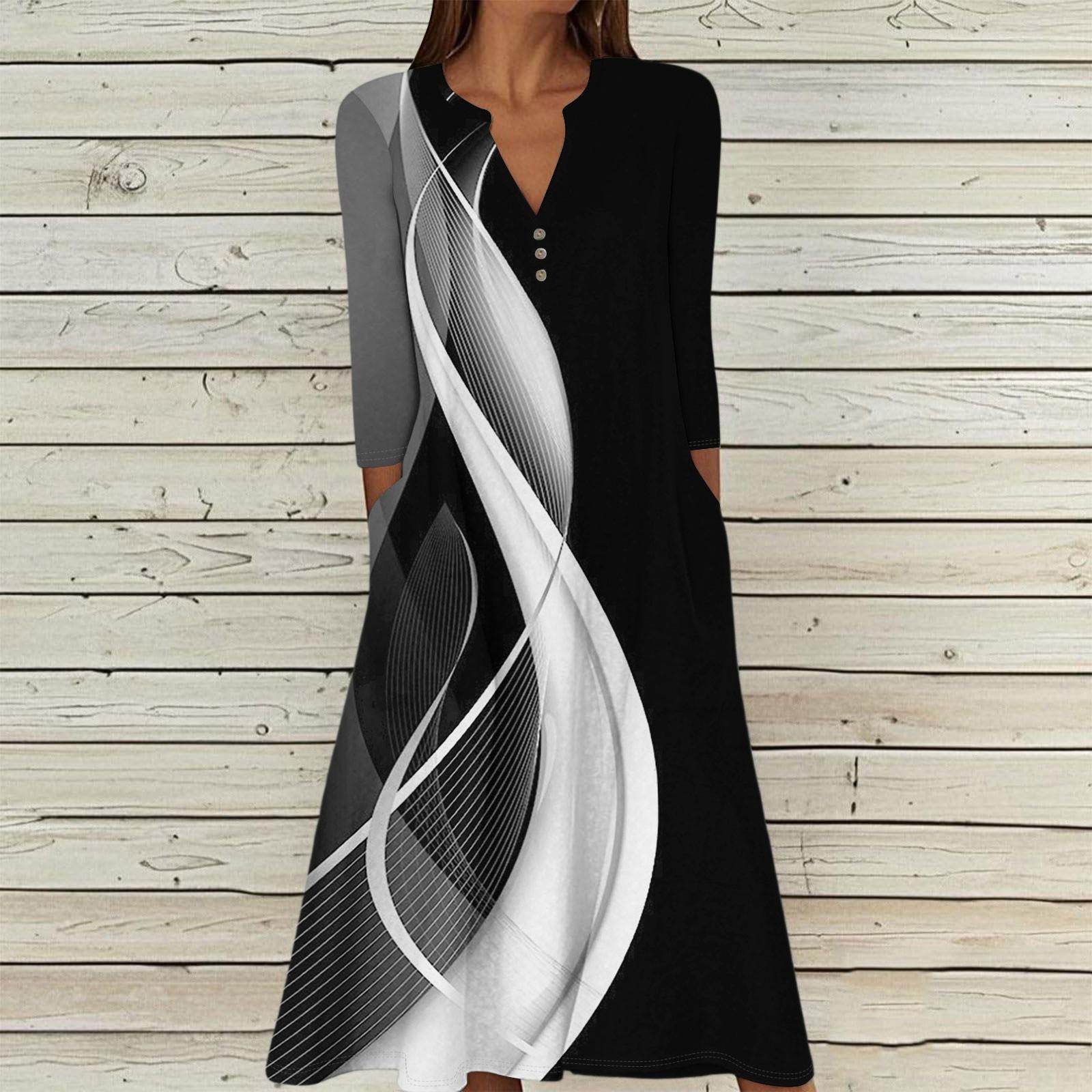 

Женское летнее повседневное платье с V-образным вырезом на пуговицах, винтажным цветочным принтом, рукавом три четверти, длинное, с карманами L тёмно-синий