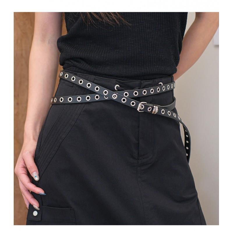 Slim Red Y2K Punk Belt Women No-Drill Installation PU Leather Dual-Layer Waistband Trendy Casual Accessory