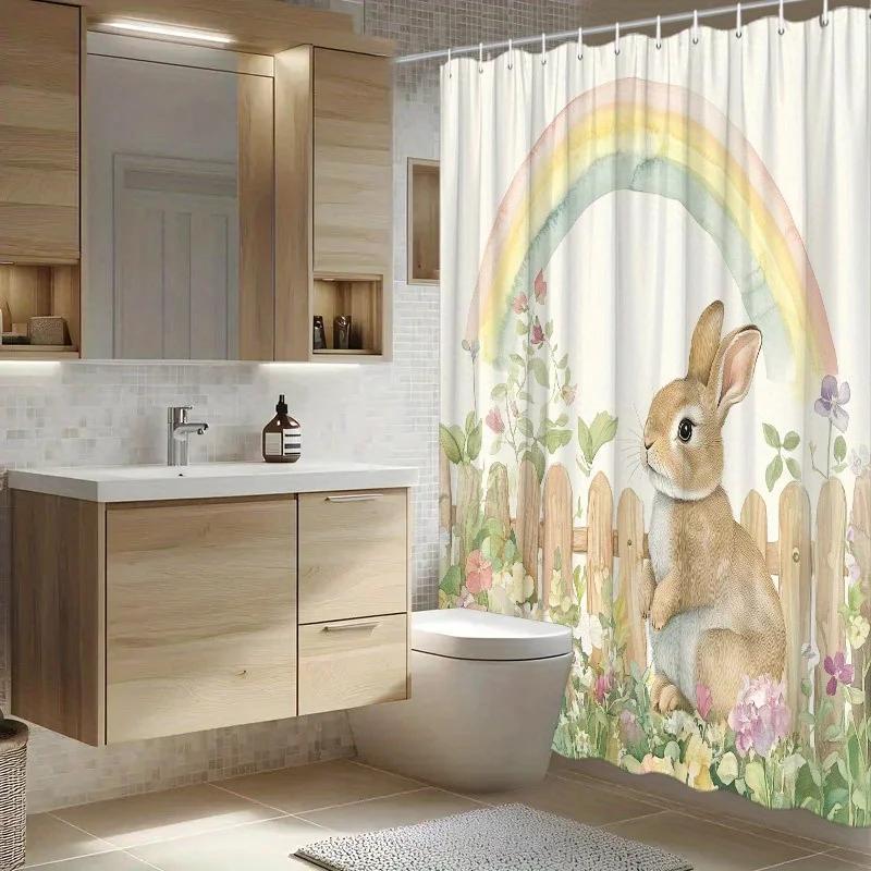 1Pc Woods Bunny & Rainbow Shower Curtain - Polyester, Washable, 12 Hooks, 70.8X70.8", Fashion Bathroom Decor