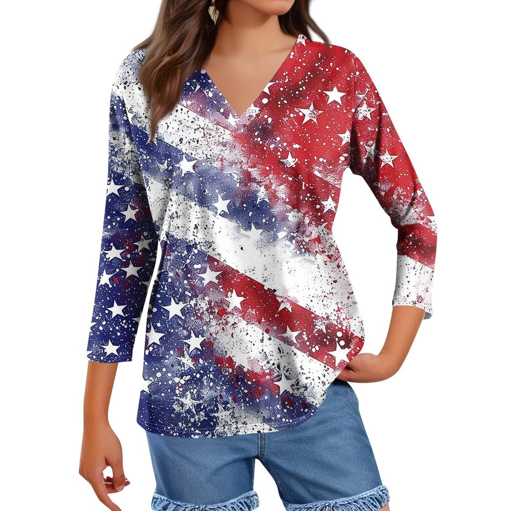 Women's Tops Three-quarter Sleeve Shirt V-neck Loose Casual Shirt Print T-shirt