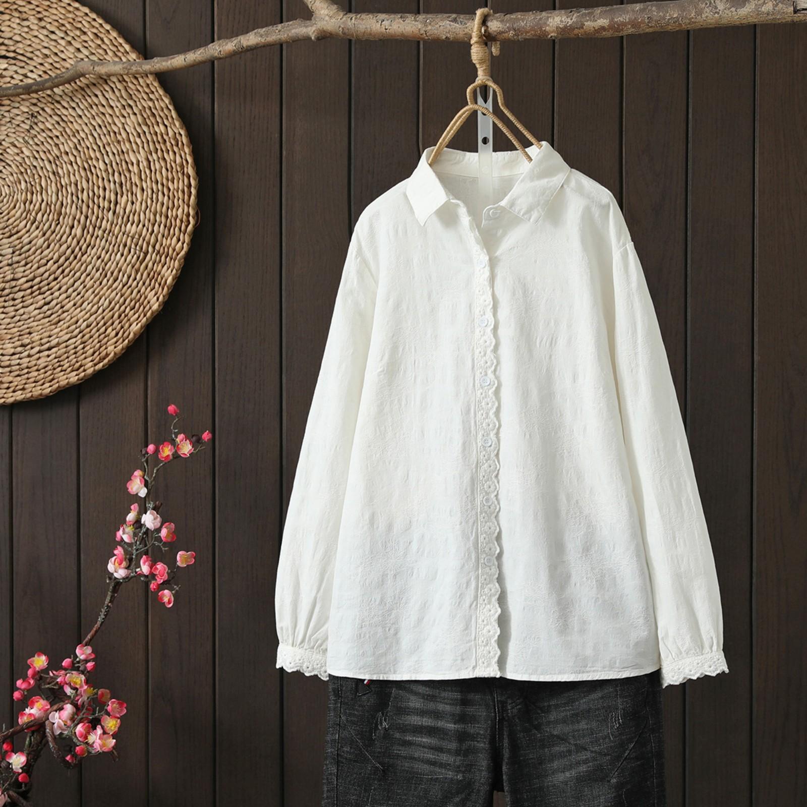 

Жаккардовые планки манжеты кружевная блузка с длинным рукавом женственный темперамент тонкие топы One Size белый