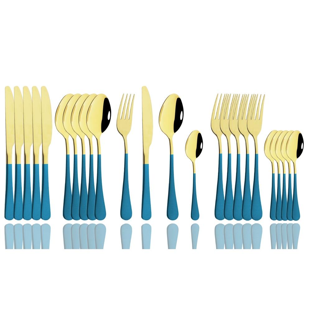 24Pcs Mirror Polished Blue Cutlery Set Stainless Steel Dinnerware Set Knife Fork Coffee Spoon Tableware Set Kitchen Dinner Silverware Set