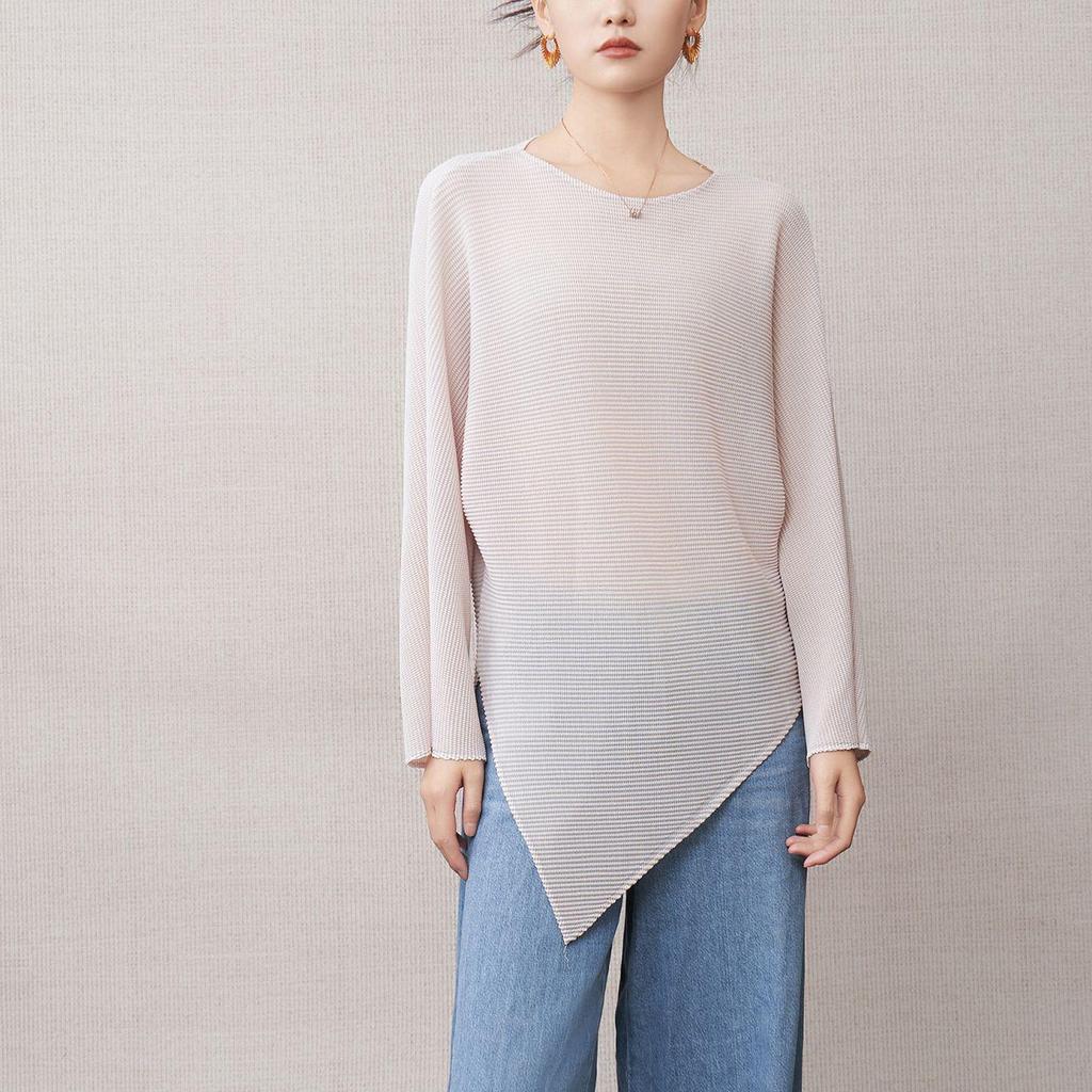 Women's Irregular Long-Sleeve T-Shirt - 2025 Autumn Style, Loose Fit, Slimming, Split & Pleated Base Layer.