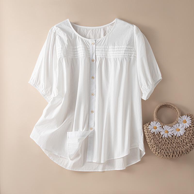 

White Puff Sleeve A-line Top for Women - Korean Style, Summer 2026, Round Neck, Accordion Pleats L білий