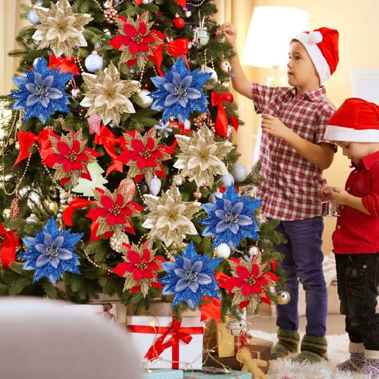 2pcs Christmas Glitter Poinsettia Flowers Xmas Tree Ornaments Home Decorations