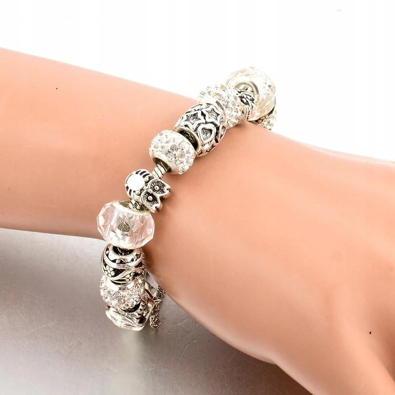 Silver Modular Bracelet White Pendants Charms Beads Owl Tree 20cm