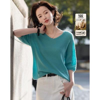 Damen Pullover aus 100% Merinowolle, V-Ausschnitt, kurzärmlig, gestrickt