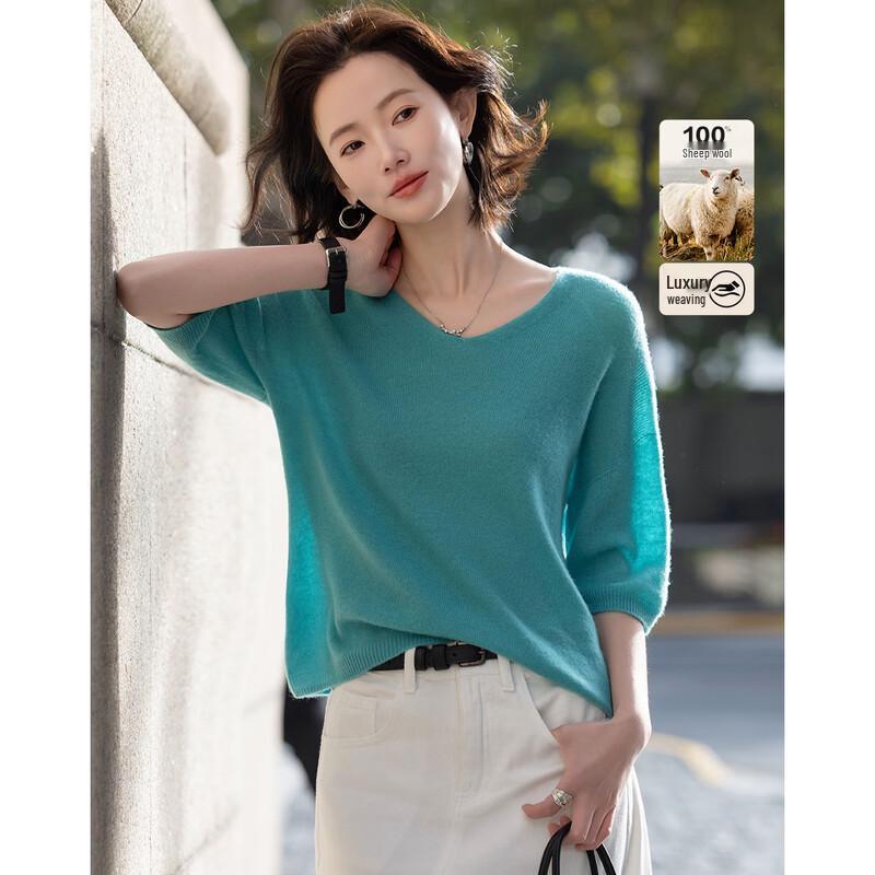 Women s 100% Merino Wool V-Neck Short Sleeve Knit Sweater M