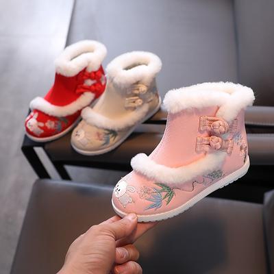 Retro Hanfu Boty Starověké Hanfu Kozačky Dětské Etnické Starověký Styl Vyšívané Boty Fleece Zateplené Sněhové Bavlněné Kozačky