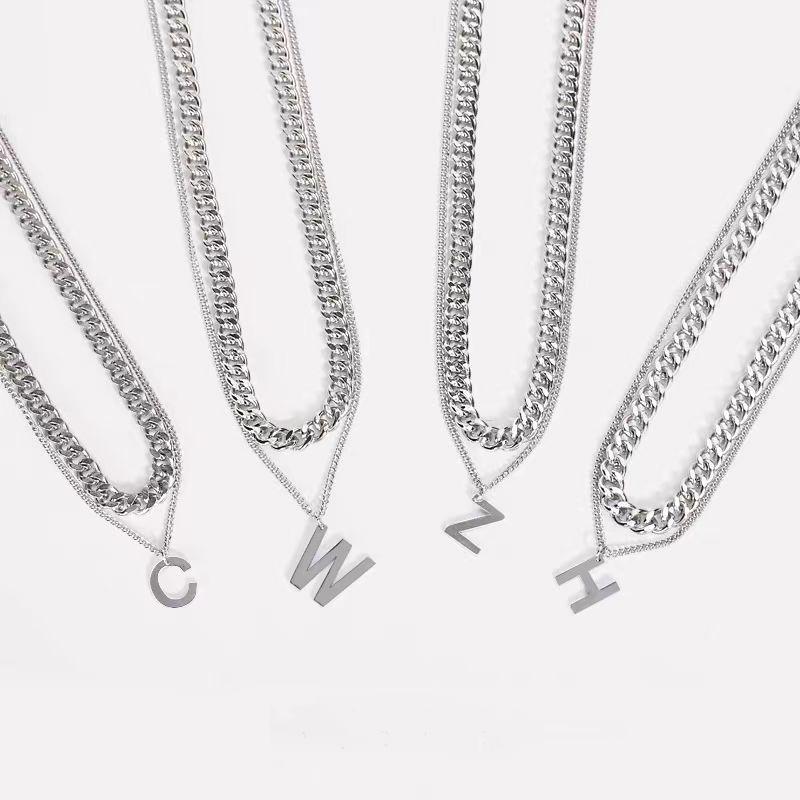 Titanium Steel Personalized Letter W Necklace Double Layer Stacked Sweater Chain Versatile Simple Hip Hop Cuban Chain Korean Style Unisex Trendy