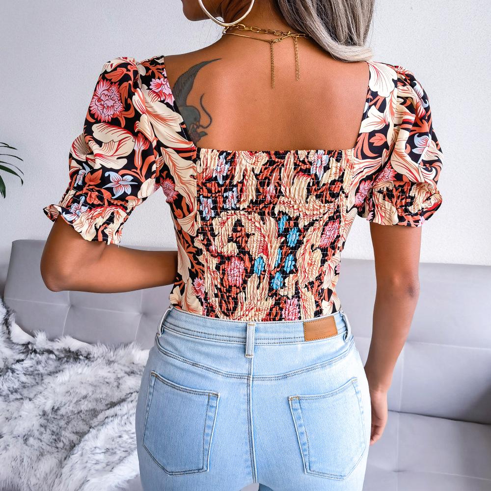 Women Sexy Backless Square Collar Floral Chiffon Blouse Top Lantern Short Sleeve Shirt Spring Summer Red Blue Black S M L XL