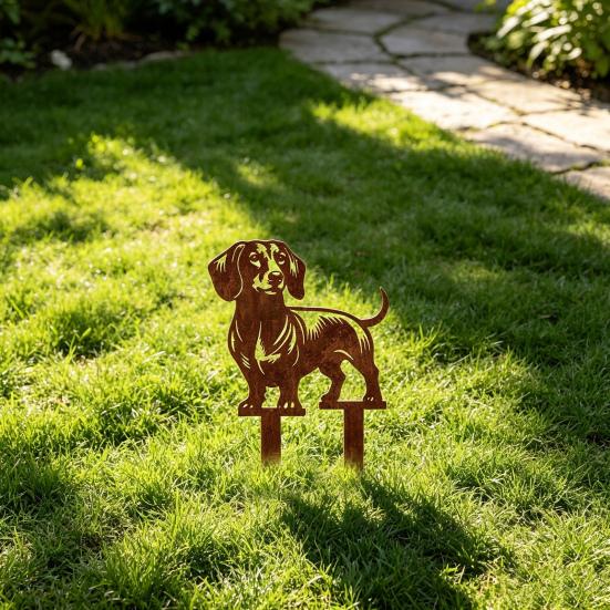 Süße Hund Blumenbeet Dekoration Metall Dackel Gartenstecker, Rostige Tier Silhouette Dekorativer Hof Wetterfester Pfahl Kunst für Draußen Rasen, Weg,