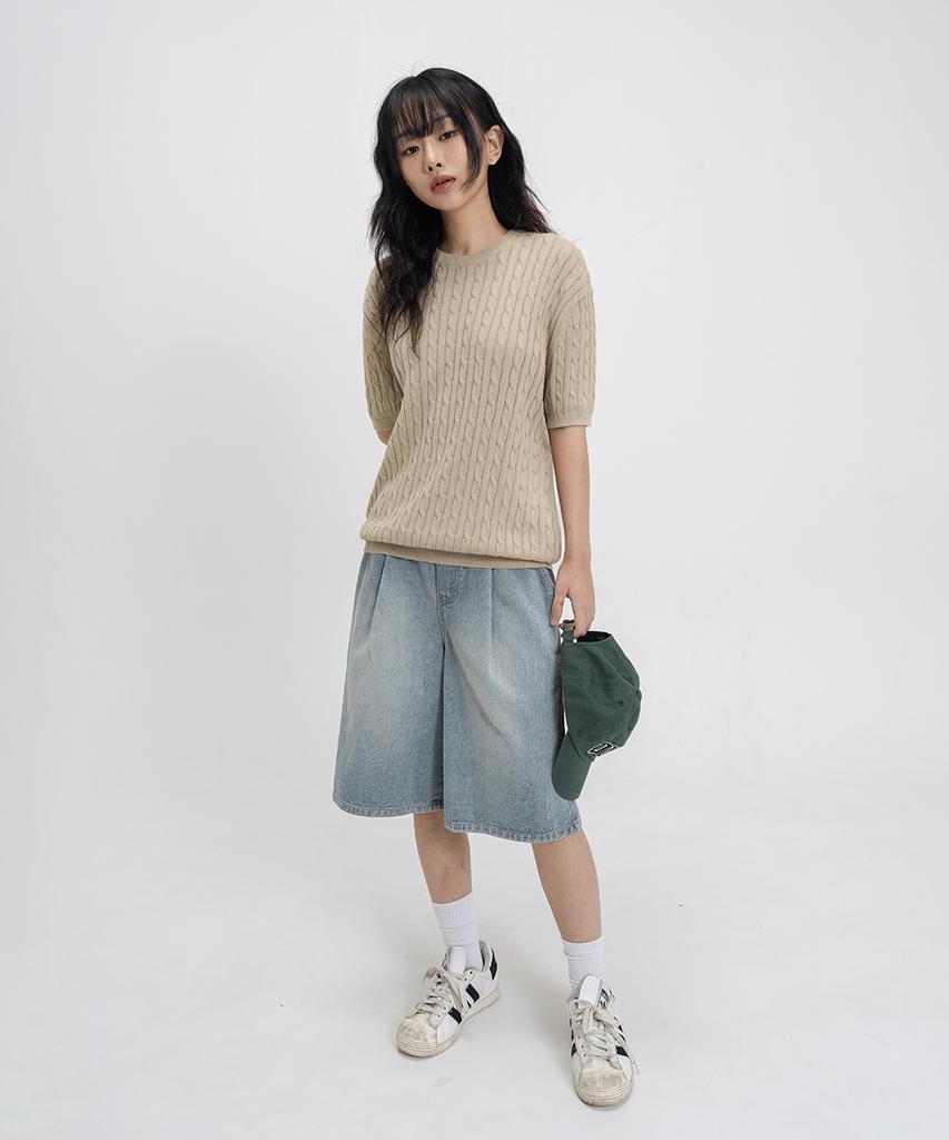 LEMAIN SECOND Oversized Washable Crew Neck Cable Short Sleeve Knit [Beige]