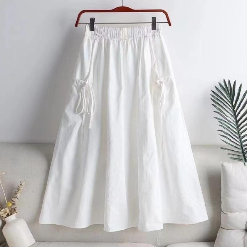 Drawstring midi skirt for women, 2026 summer new style, versatile solid color, drawstring pocket, elastic waist, mid-length workwear skirt