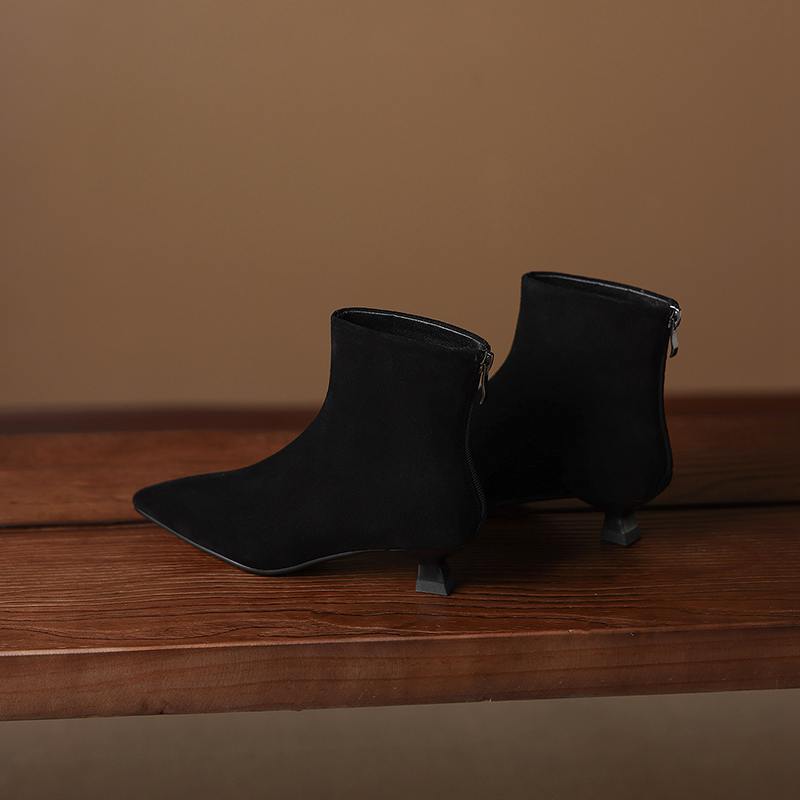 Krazing Pot Cow Suede Nubuck Winter Pointed Toe Preppy Style Stiletto Thin Med Heels Women Zip Women Ankle Boots