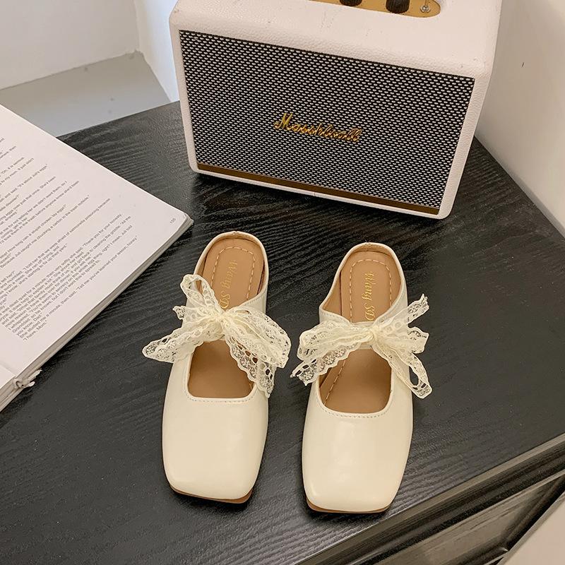 Lace strap bow bag head slippers women's outer wear spring and summer new square head flat soft bottom Mary Jane half drag