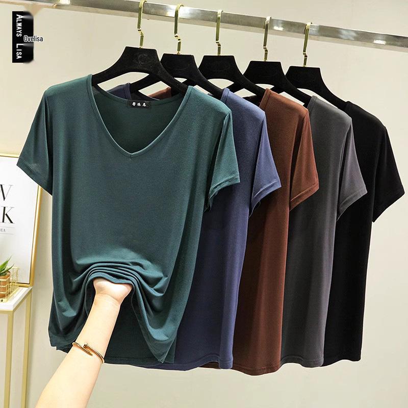 Women's Plus Size V-Neck Modal T-Shirt - Short Sleeve, Loose Fit, Thin Layer, Korean Style