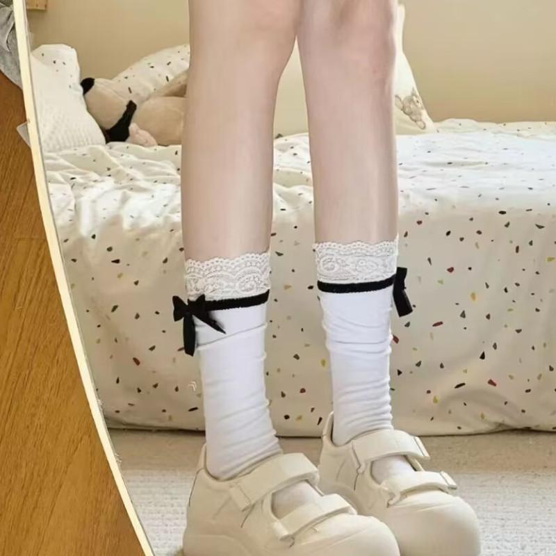 Japanese JK Girls Cotton Calf Socks Sweet Lace Bow Mid-tube Socks Lolita Soft Breathable Pile Socks