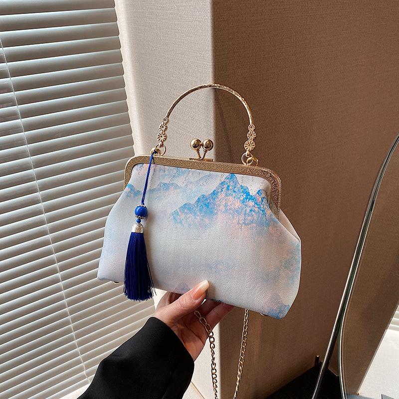 Vintage večerní kabelka pro ženy s polibkovým zapínáním, kabelka s horním uchem, kabelka s ramenním řetízkem, crossbody kabelky se střapcem, večerní kabelka na svatbu, párty, ples