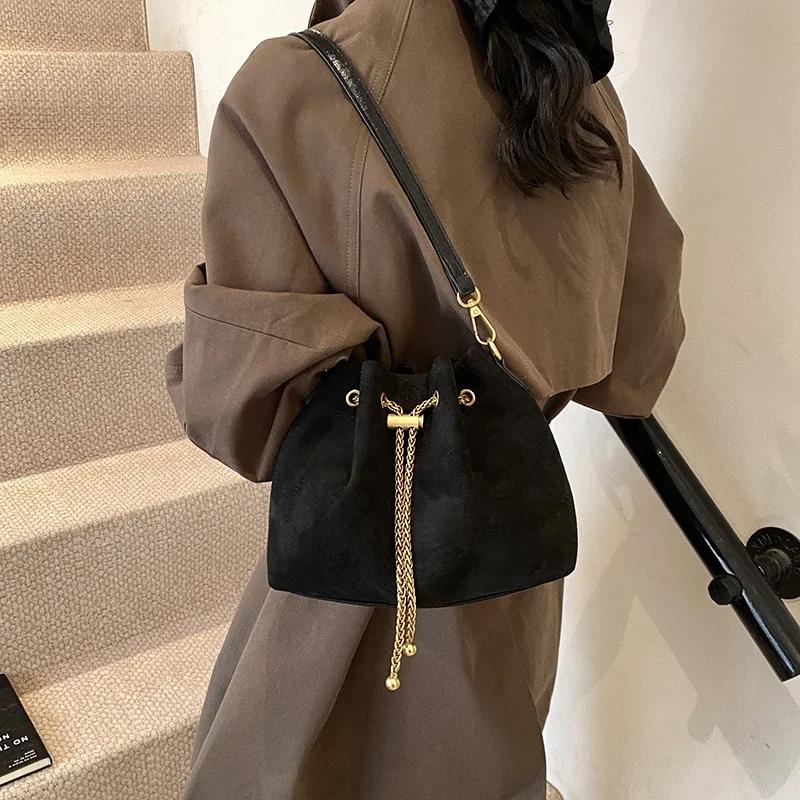 Soft Solid Faux Suede Simple Commuting Crossbody Bags Sewing Sweet Bags for Women Thread String Women's Handbags