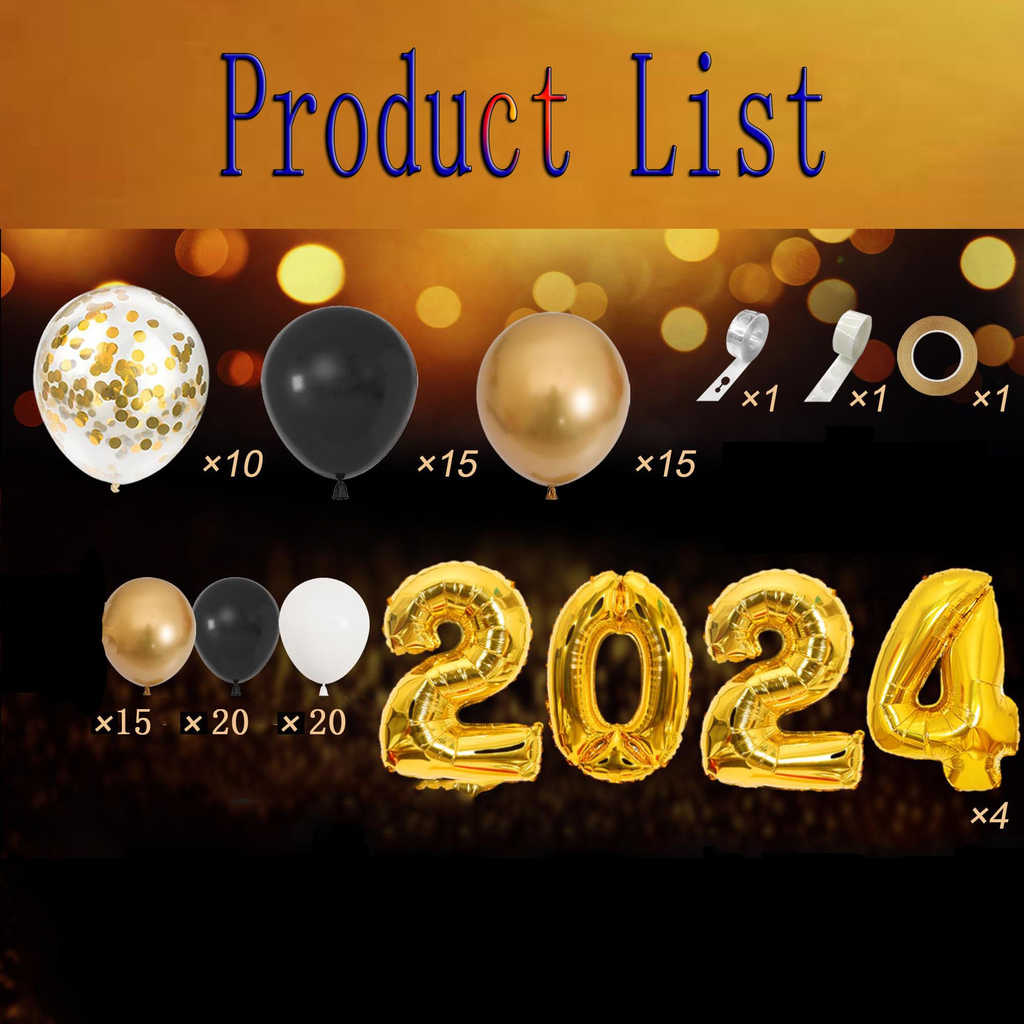 

102 шт., Новый 2024 год, черный золотой воздушный шар, гирлянда, арочный комплект, фон, украшение на Новый год для дома, товары для вечеринки на Новый год 2024
