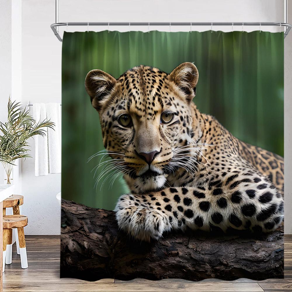 Leopard Floral Shower Curtain Bathing Wild Animal Print Green Leaf Flower Elegant Panther Bathroom Decor Modern Bath Curtain