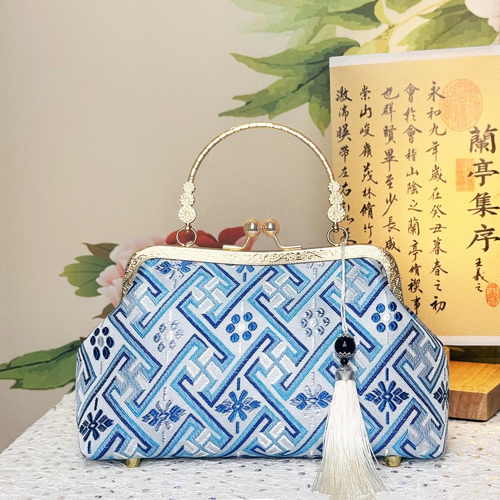 Frame Handbag for Women, Ethnic Woven Pattern Kiss Lock Purse with Tassel Decor